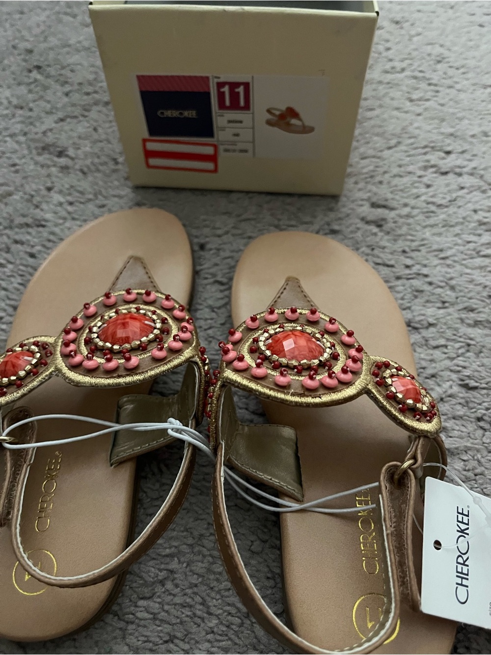 Cherokee Gold-Tone Sandals with Coral Pink Beaded Medallions